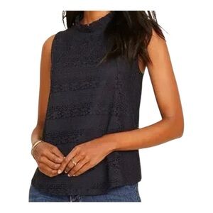 NWT Ann Taylor Lace Ruffle Mock Neck Shell Navy Night Sky Size Small